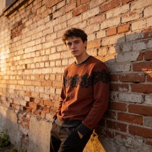 Men's Rust Brown Crewneck Sweater with Dark Navy Blue Pattern